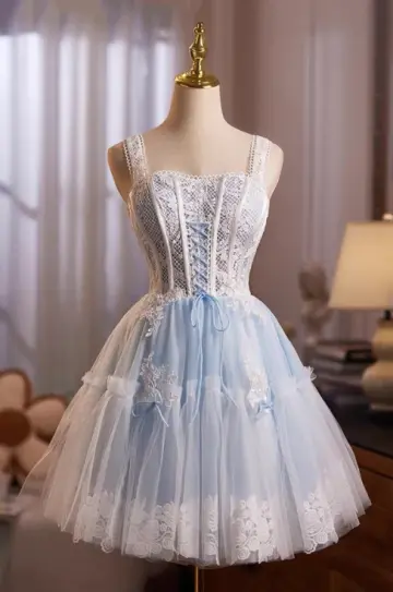 Cute Pale Blue A-Line Spaghetti Straps Lace Embroidery Corset Mini Birthday Dress Homecoming Dress RS574