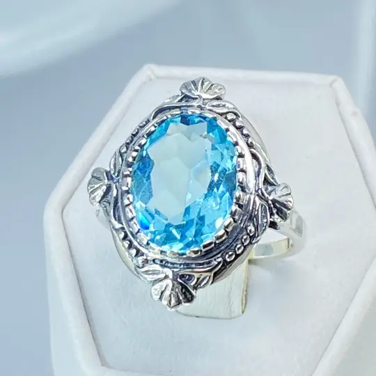 Aquamarine Ring, Size 10, Oval Wreath Filigree Ring - Vintage Art Nouveau Style Ring D74 - Ready to Ship
