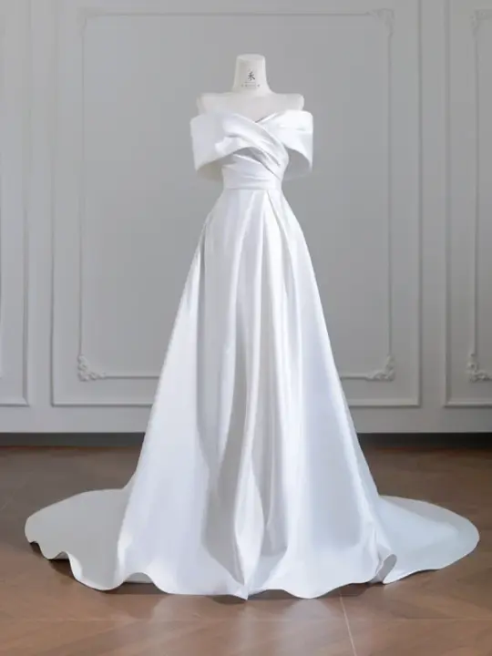 White satin off-the-shoulder fitted waist long ball gown/bridal dress R8252