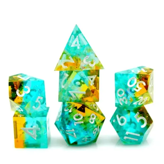 Sunlight Sharp Edge Dice Set – 7-Piece Blue Yellow Glitter DnD Dice