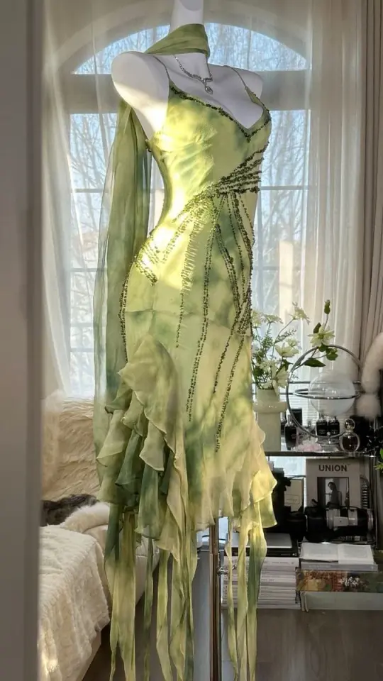 Green suspender waist slim back sexy irregular skirt dress, prom dress R5311