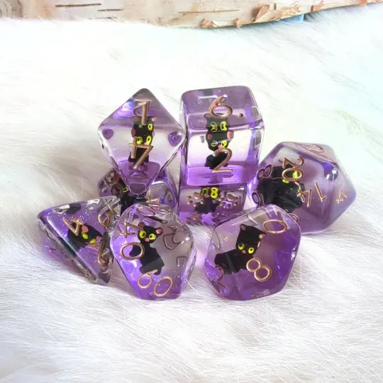 Mystic Familiar Black Cat Dice Set. 8 Piece Animal Themed Dice Set