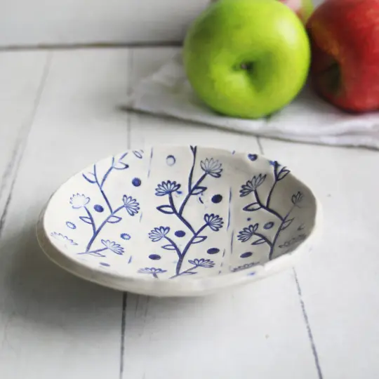 Trinket Dish in Blue and White, Handcrafted Jewelry Dish, Made in USA