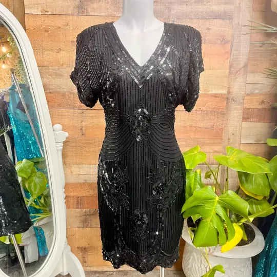 Vintage 1980s Stenay Black Silk Beaded Cocktail Dress with Open Back