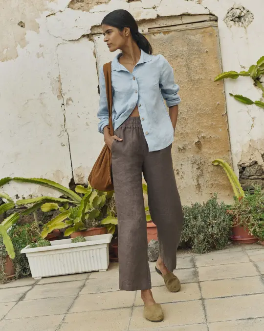 R: KENA classic linen pants (Color: Natural/Grey Stripes; Size: XS)