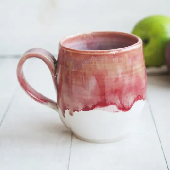 Raspberry and White Glazed Pottery Mug, 13 Ounce Coffee Cup, Handcrafted Made in USA