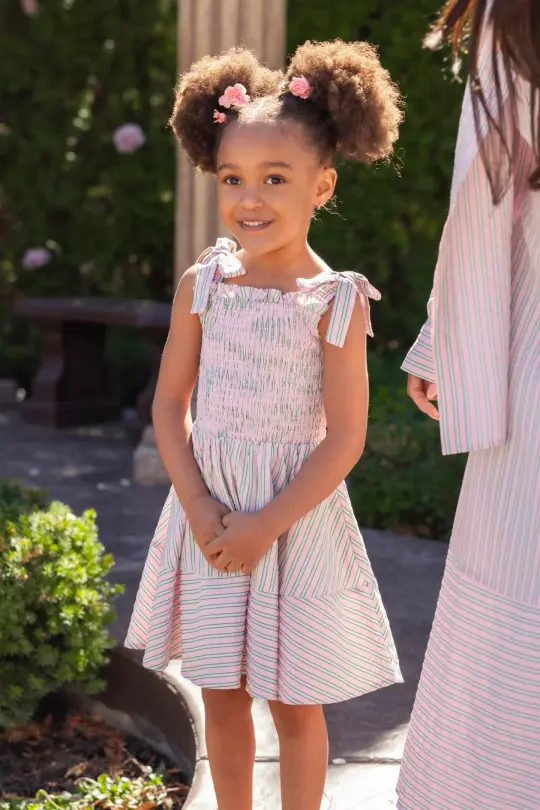 Mini Bluebell Dress in Green & Pink Pinstripe