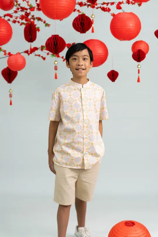 Mandarin-collared Shirt - Cream Lucky Coins