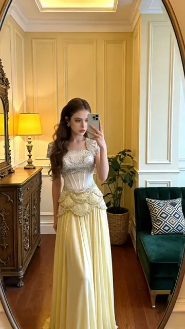 White bodice with rhinestone embellishments and a light yellow skirt, long ball gown/bridal dress R8595