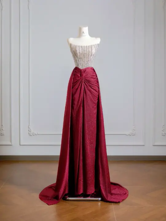 Silver strapless fitted bodice with burgundy long skirt, a formal ball gown/bridal dress R8525