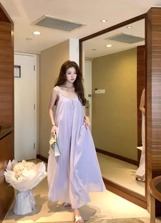 Long atmospheric diamond pure desire suspender dress summer French style loose skirt R4908