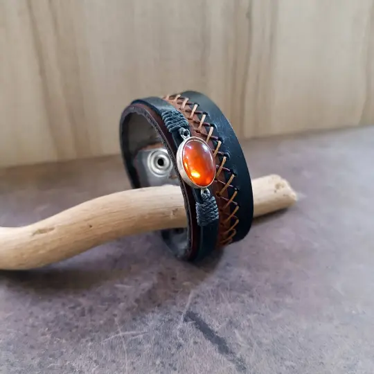 OOAK Crazy Horse Leather Cuff | Sterling Silver & Greek Amber Artisan Piece