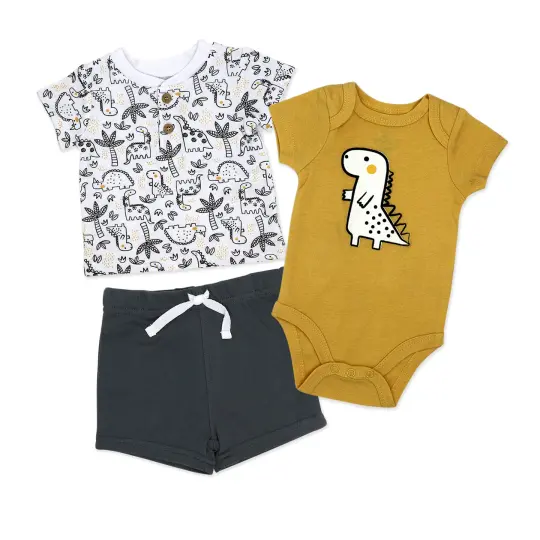 Baby Mode Baby Boys 3 Piece Dinosaur Bodysuit, Shirt, and Shorts Set, 18M
