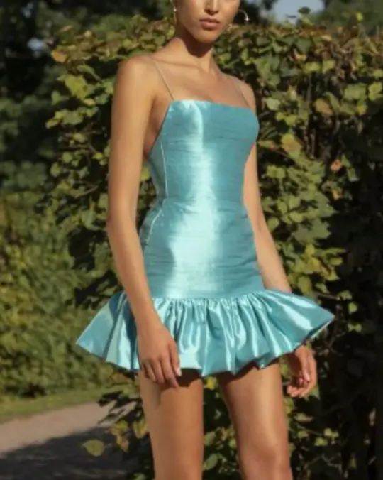 Satin green suspenders slim waist slimming irregular skirt short skirt homecoming dress R3812
