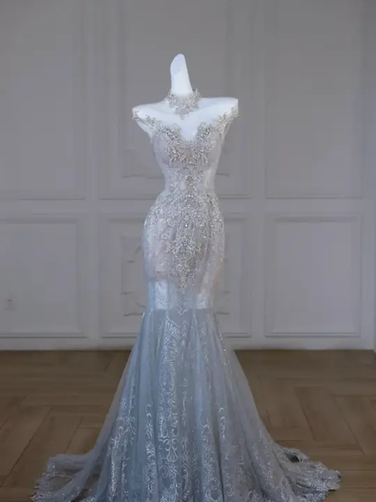 Silver diamond waist slim sexy blue hip fishtail skirt long dress bridal dress R5847