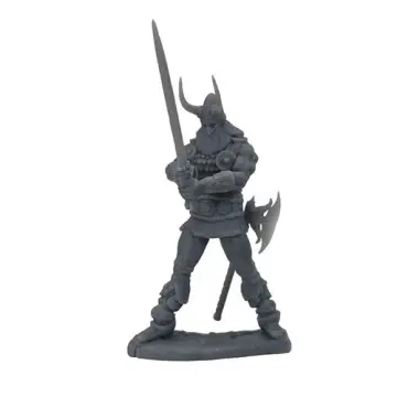 Unpainted 28mm 3D-printed resin frost giant in scale armour raising a sword, crescent axe at the hip - tabletop RPG miniature for D&D, Pathfinder & wargaming