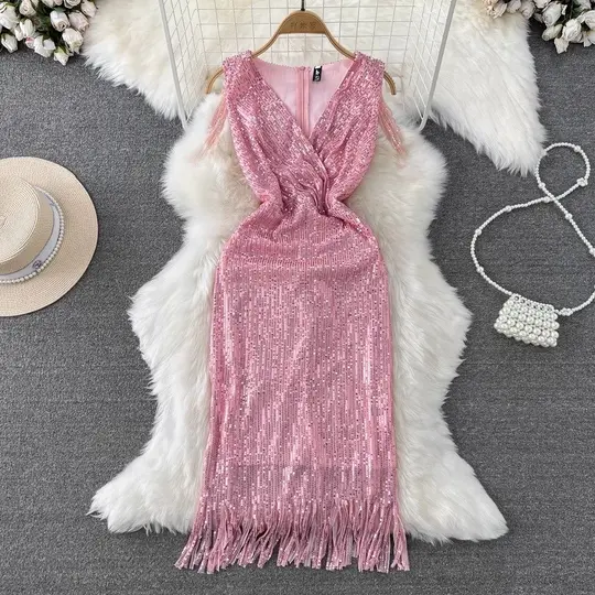 French Chic Pink Sheath V Neck Satin Dress with Tassel Prom Dress Party Dress RS018