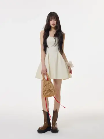 Cream White French Style Sleeveless Mini Dress, Square Neck High Waist Flare Skirt R9377
