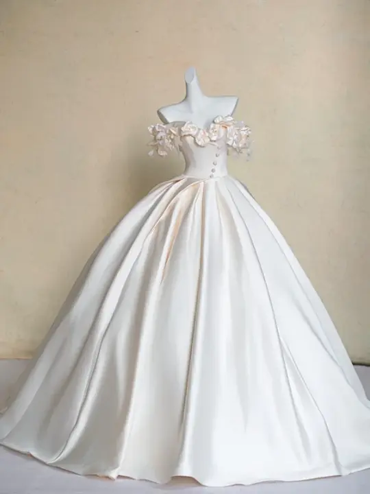 White satin tube top three-dimensional flower waist slim fit puffy long dress bridal gown R5723