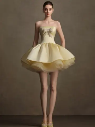 French Chic Pastel Yellow A-Line Strapless Corset Mini Party Dress Homecoming Dress RS390