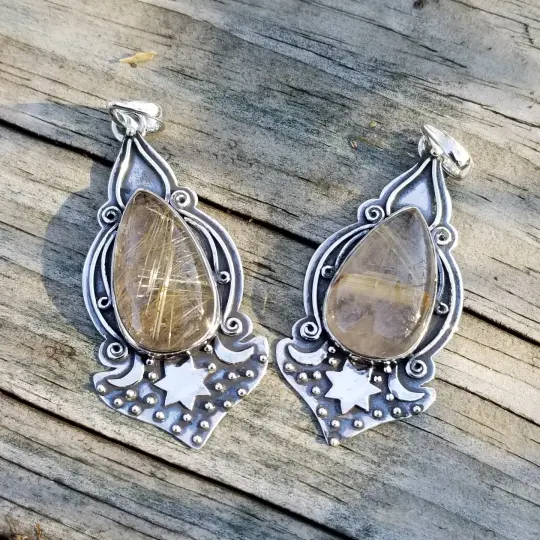 Romany Boho - Golden Rutile Quartz Pendant in Sterling