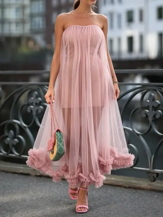 Cute Blush Pink Ruffled Strapless Tulle Corset Maxi Birthday Dress Prom Dress RS593