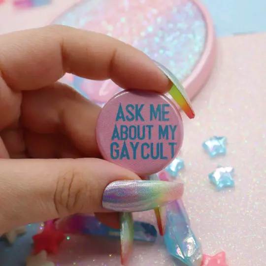 Ask Me About My Gay Cult Button Badge