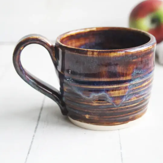 Rich Amber Brown and Blue Handcrafted Pottery Mug, 13 Ounce Coffee Cup Made in USA