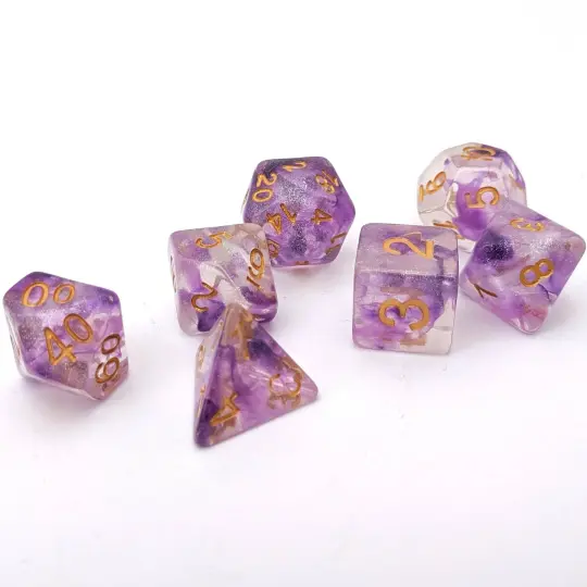 Amethyst Dice Set – 7-Piece Translucent Purple Iridescent Blue Glitter DnD Dice