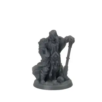 Unpainted 32mm 3D-printed armoured human cleric resting both hands on a grounded warhammer, hood raised — tabletop RPG miniature for D&D, Pathfinder & wargaming