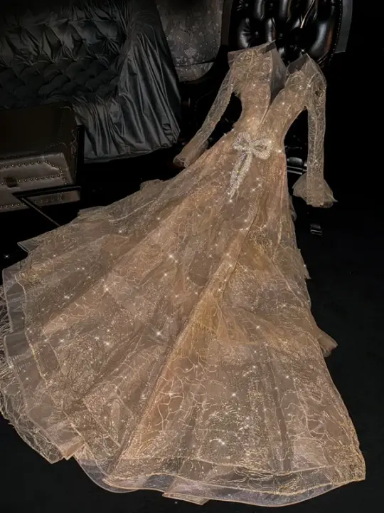 Gold V-neck long-sleeved fitted long sexy ball gown/bridal dress R8757