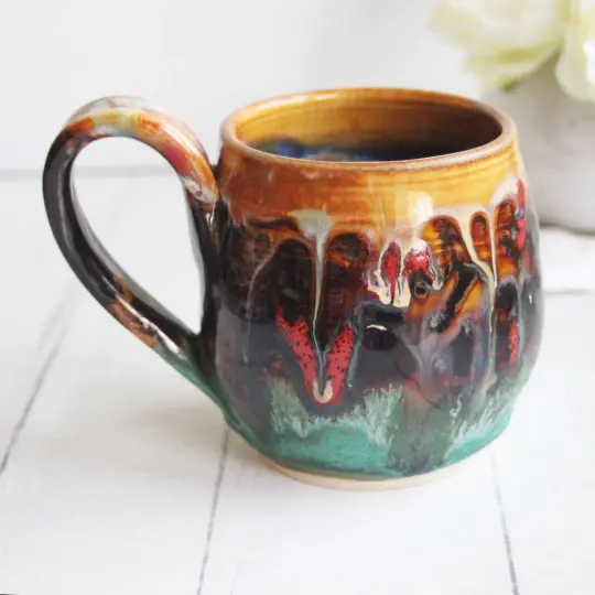 Artfully Glazed Pottery Mug with Multicolor Glazes, 16 Ounce, Made in USA