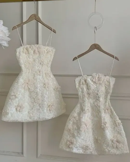 White suspenders three-dimensional flower slim pattern A-line skirt homecoming dress R2553