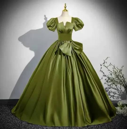 Elegant Bud Green Prom Dress,A-Line Square-neck Puff Sleeves Satin Corset Maxi Evening Dress RS1040
