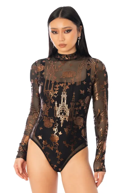 Gourd Gracious Sheer High Neck Long Sleeve Bodysuit