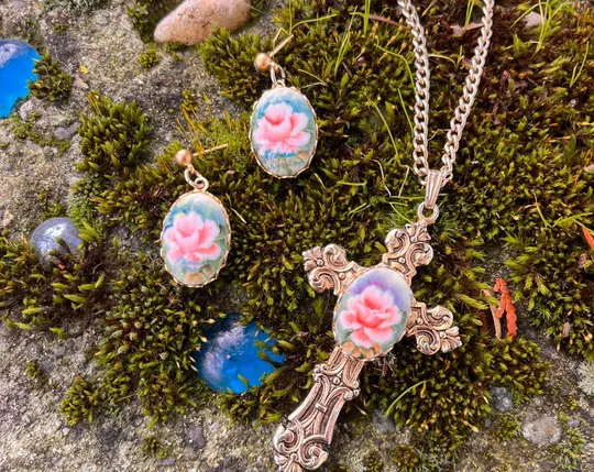Rosalind Set- Floral Cross Necklace & Earrings Set
