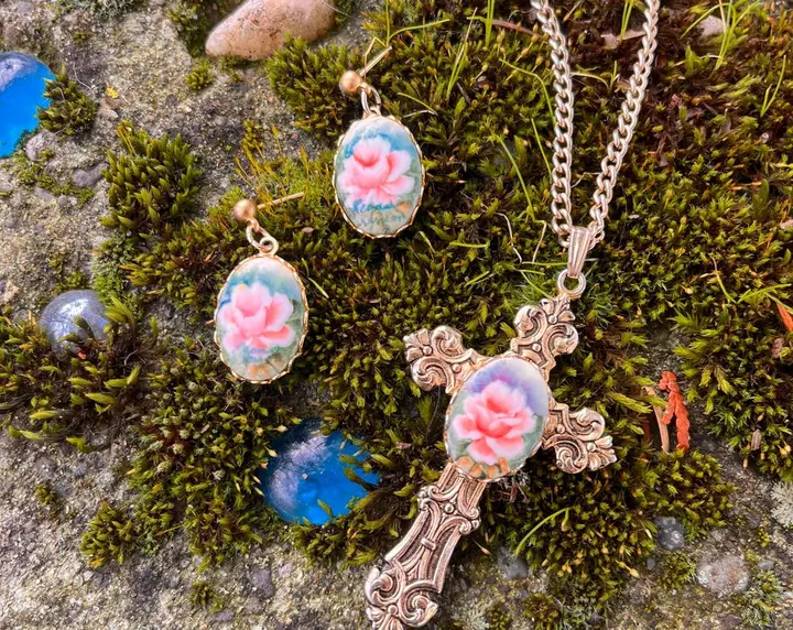 Rosalind Set- Floral Cross Necklace & Earrings Set