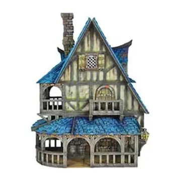 Fully painted 28mm 3D-printed veranda inn with cobalt blue roof — tabletop RPG terrain for D&D, Pathfinder & wargaming