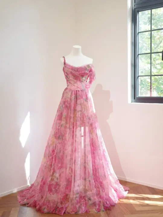 Pink floral print, fitted waist, full skirt, long ball gown, bridal dress R8464