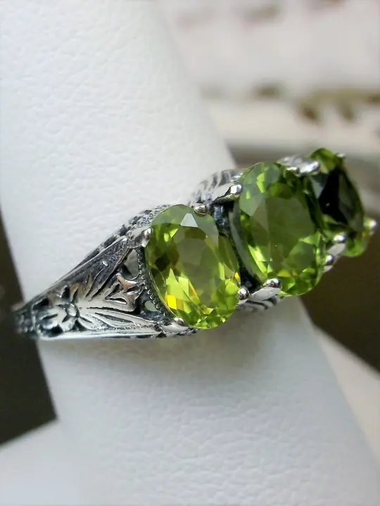 Natural Peridot Ring, Size 10, Triple Gem, Vintage Style Jewelry #D41 - Ready to Ship