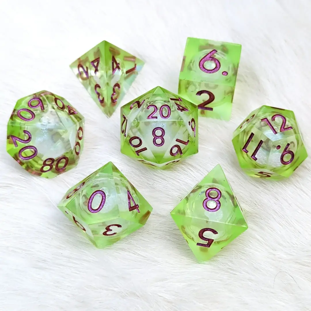 Ooze Liquid Core Sharp Edge Dice Set – 7-Piece Bright Green Burgundy Font DnD