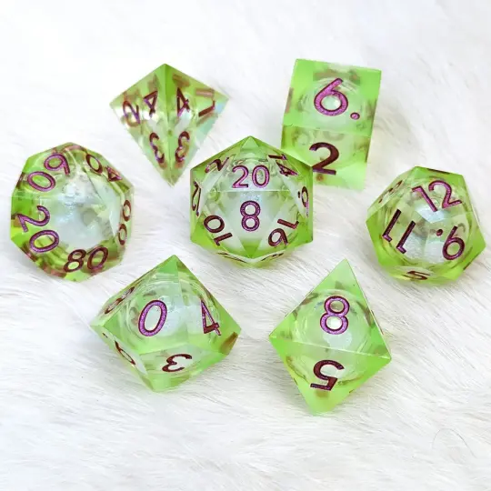 Ooze Liquid Core Sharp Edge Dice Set – 7-Piece Bright Green Burgundy Font DnD