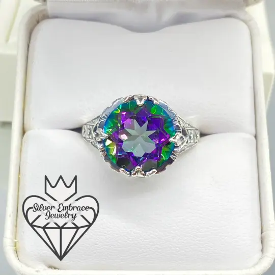 Natural Mystic Topaz Ring, Size 7, Princess Sterling Silver Filigree Victorian Jewelry #D29 - Ready to Ship