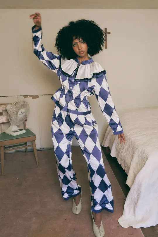 Quilted Silk Harlequin Jester Pants Navy