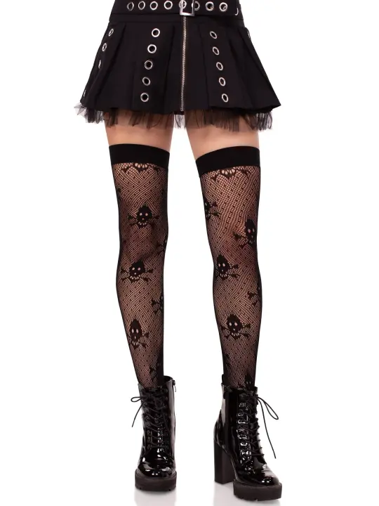 Skull Net Thigh Highs - Gothic Fishnet Stockings - Pirate Costume Hosiery