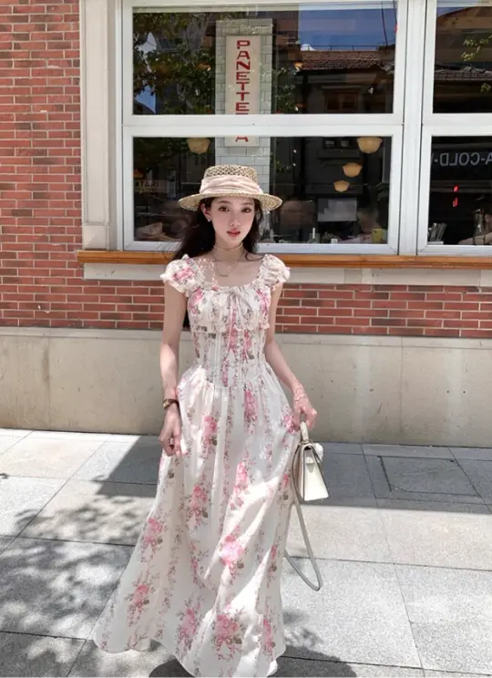 Long waist square neck printed suspender dress for women summer French temperament skirt R4745
