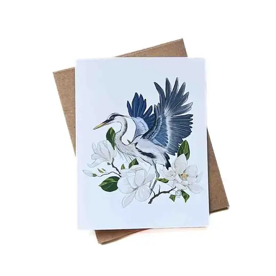 Blue Heron and Magnolia Flowers Card, Wholesale 6 Pack