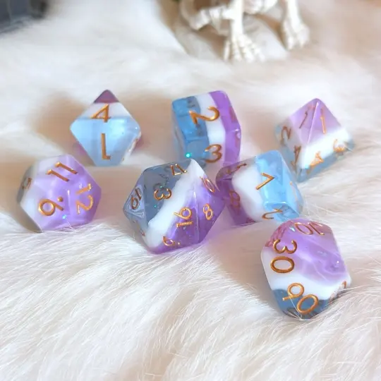 Mystic Tide Dice Set – 7-Piece Clear Blue White Purple Round-Edge DnD Dice