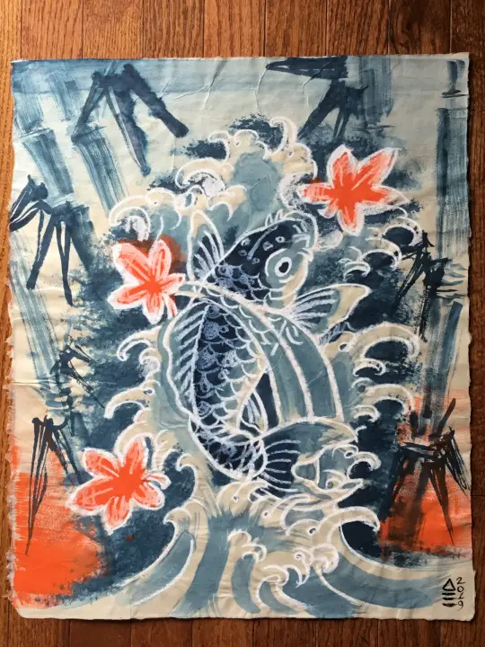 Koi Water Bamboo and Maple leaves