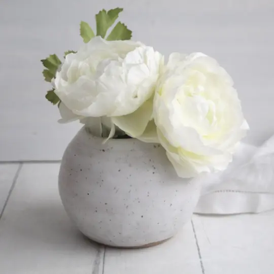 Rustic Round Speckled White Vase, Handcrafted Pottery Made in USA